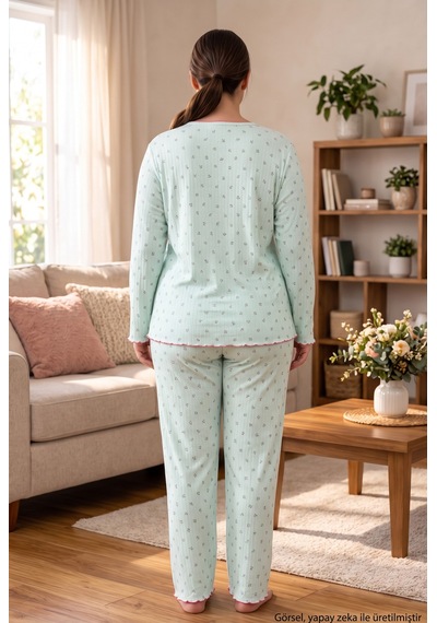 Seboteks Raporlu İnterlok Kumaş Yakası Düğmeli Kışlık Büyük Beden Kadın Pijama Takımı 2950 Yeşil