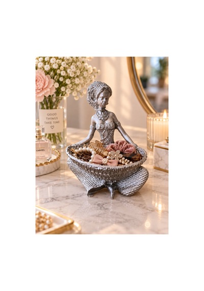 Kadın Figürlü Dekoratif Anahtar Takı Düzenleyici Biblo Gümüş Renk Sepetli Organizer Takı Tabağı 12x15 Cm Gümüş