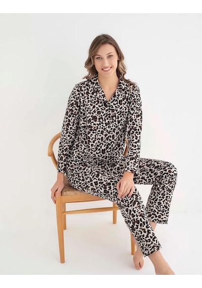 Senfoni Kadın Gömlek Yaka Uzun Kol Leopar Desenli Pamuklu Pijama Takımı 6007 -1 Adet 001
