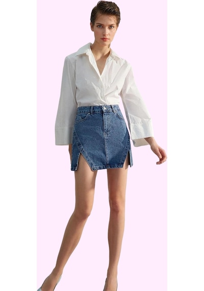 Ersefa Kadın Denim Yırtmaçlı Mini Etek Pamuk Günlük Casual Kombinler Haf Mavi