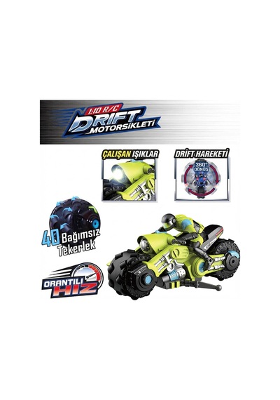 1:10 Uzaktan Kumandalı Rc Drift Akrobasi Motorsikleti - 360 Derece Dönüş - Işıklı - 2.4 Ghz Yeşil