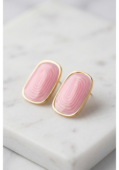 Gold Pembe Mineli Dörtgen Premium Çelik Küpe Çok Renkli