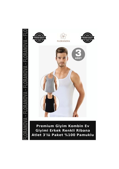 Floranova Premium Giyim Kombin Ev Giyimi Erkek Renkli Ribana Atlet 3'lü Paket %100 Pamuklu Çok Renkli