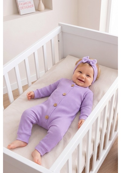 Babymod Fitilli Düğme İliklemeli Saç Bandlı Pamuklu Kız Bebek Tulum Set LİLA