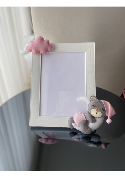Bebek Odası Çerçeve Aylı Ayıcık Pembe Gri