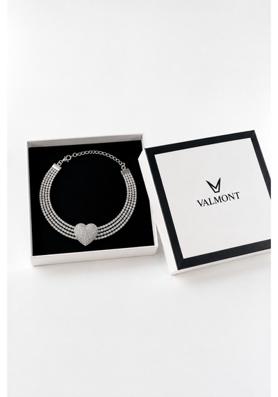 Kalp Motifli Çok Sıralı Zirkon Taşlı Kadın Choker Kolye Gümüş - 900249875 Gümüş