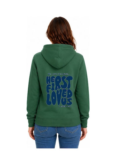 Herkesemoda First Love Arka Baskılı Kapüşonlu 2 İplik Şardonlu Sweatshirt Yeşil