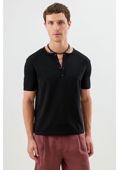 Antioch Pamuklu Düğmeli Yaka T-shirt Siyah