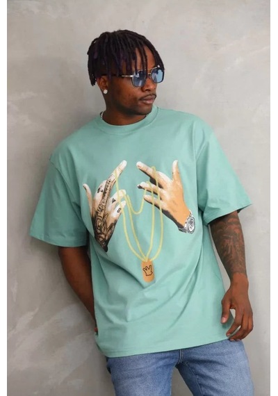 Yake Store Unisex Baskılı Oversize T-shirt - Mint Yeşili - Mint Yeşili Yeşil