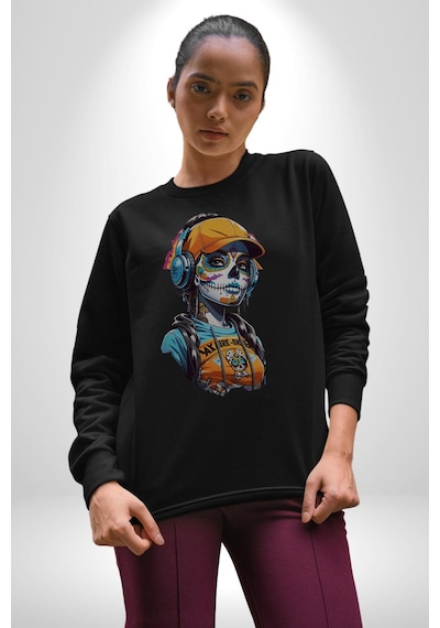 Robot Kız Müzik Kulaklık Şapka Unisex Siyah Baskılı Sweatshirt Siyah