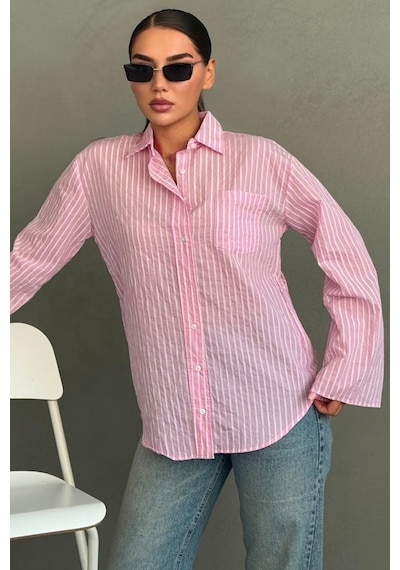 Madmext Pembe Çizgili Sendy Kumaş Kadın Gömlek Mg2834