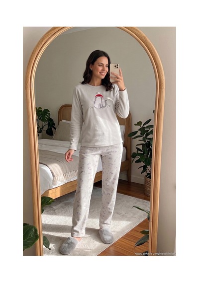Lela Desenli Yumuşak Dokulu Kışlık Polar Pijama Takımı Kadın Pijama Takımı 6575031 Gri