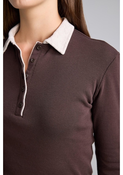 Defacto Slim Fit Kontrast Polo Yaka Ribana Uzun Kollu Basic Tişört I2637ax26aubn340 Kahve-bn340