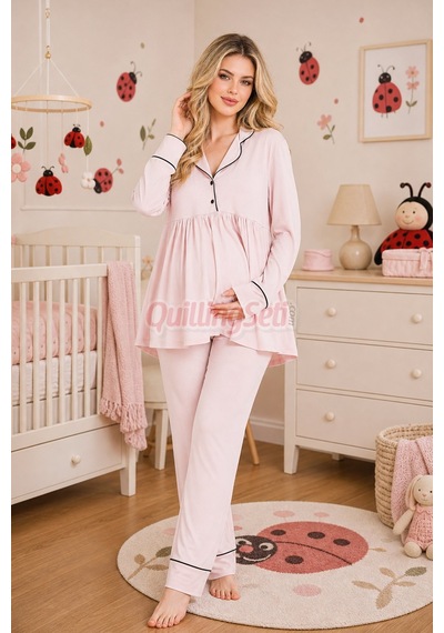 Lady Bebe Pembe Renkli Kol Ve Paçaları Manşetli, 33202 Uzun Kol, 2 Parça Lohusa Hamile Pijama Takımı Açık Pembe