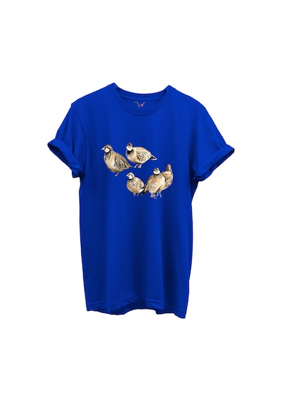 Beşli Keklik Baskılı Doğa Ve Av Temalı %100 Pamuk Regular Fit Unisex T-shirt Mavi