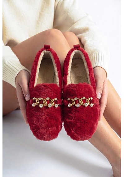 Nmoda Kadın Peluş Panduf Gold Zincir Taşlı Aksesuarlı Kapalı Loafer Yumuşak Tabanlı Kışlık Rahat Babet Kırmızı Nmoda Kadın Peluş Panduf Gold Zincir Taşlı Aksesuarlı Kapalı Loafer Yumuşak Tabanlı Kışlık Rahat Babet Kırmızı