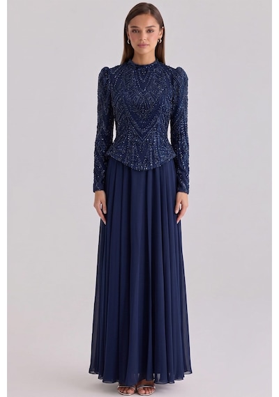 Olcay Boncuk Ve Pul Desenli Şifon Kombinli Exclusive Tesettür Abiye Elbise Lacivert 1073 Olcay Boncuk Ve Pul Desenli Şifon Kombinli Exclusive Tesettür Abiye Elbise Lacivert 1073