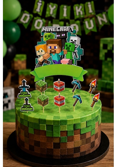 Minecraft Pasta Süsü Seti Büyük Figür Ve 10'lu Kürdan Dekoru Doğum Günü Süsü +3