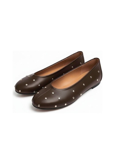 Ne&ve Shoes Kahve Deri Pim Detaylı Yuvarlak Burunlu Kadın Babet Kahverengi