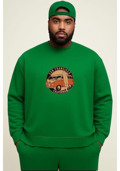 Benroma 3 İplik Penye Wos Wos Baskılı Büyük Beden Unisex Sweatshırt Yeşil