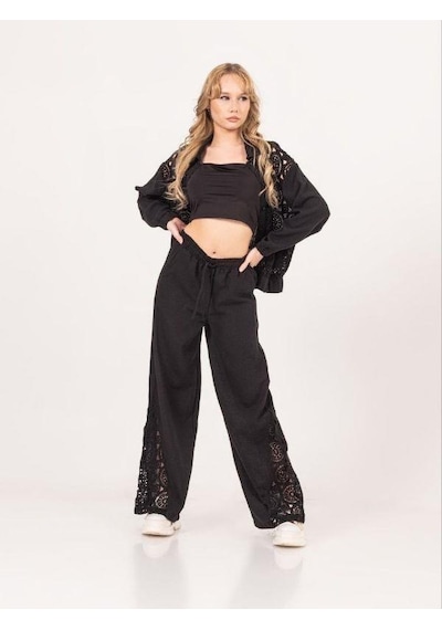Zekids Kız Çocuk Brode Bol Motifli Bol Paça Pantolon-13902-siyah Siyah