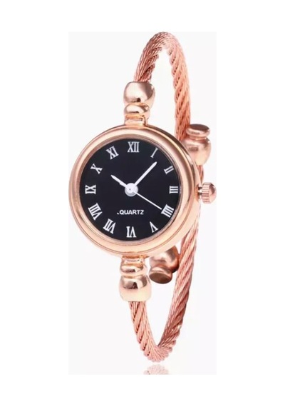 Rose-siyah Ince Bileklik Yuvarlak Vintage&retro Saat Siyah - Rose Gold