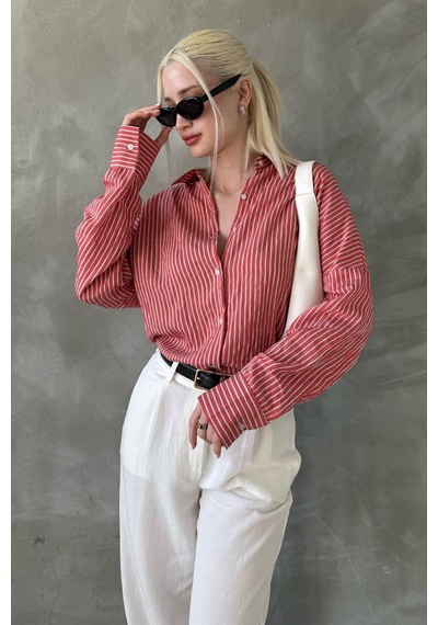 Madmext Kiremit Çizgili Oversize Kadın Gömlek Mg2327 Kiremit