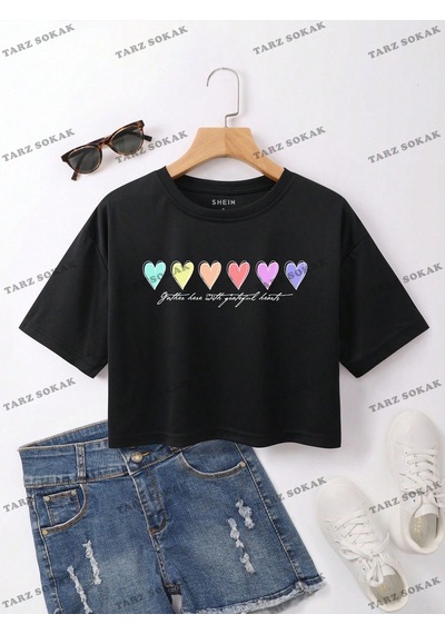Flood Of Style Crop Ckod-232913 Kalpli Ve Sloganlı Grafik Kısa Siyah
