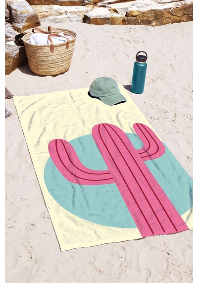 Kaktüs Temalı Modern Plaj Havlusu-bohem Pastel Sarı Pembe Havuz Deniz Hızlı Kuruyan Mikrofiber Havlu Keten Şafak