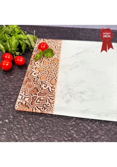 Kanallı Cam Kesme Tahtası - Arabesk Desen - 25x35cm