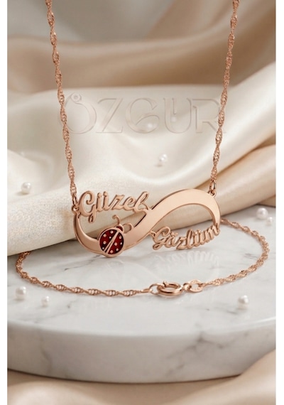 925 Ayar Gümüş İsimli Uğur Böcekli Sonsuzluk Kolye Rose Gold
