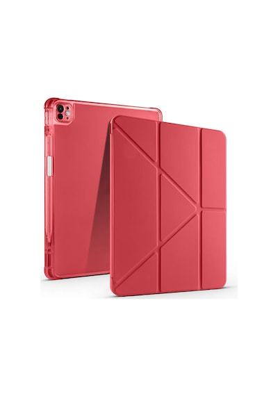 Maks Technology iPad Uyumlu Pro 13 2024 Kılıf Mkst Tri Folding Kalem Bölmeli Standlı Kılıf - Kırmızı Tablet Kılıfı