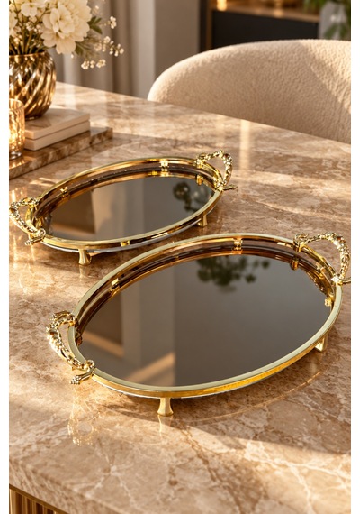Gold Kaplama Füme Aynalı Söz Nişan Tepsisi 2 Li Set Kız İsteme, Damat Kahve Ve Sunum Tepsisi - 929146826 Diğer
