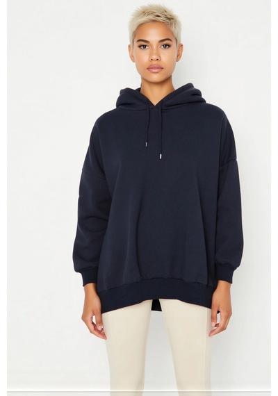 Benerly Kadın Kapüşonlu Düşük Kol Örme Geniş Kalıp Sweatshirt Fonksiyonel Lacivert