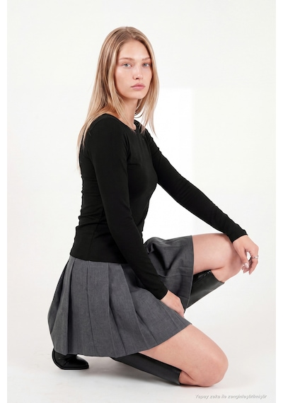 Lela Kayık Yaka Basic Uzun Kollu Bluz Kadın Bluz 5867061 Siyah