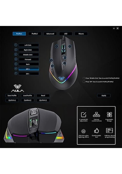 Aula F805 6400dpı Rgb 7 Tuşlu Makro Optik Oyuncu Mouse, Siyah
