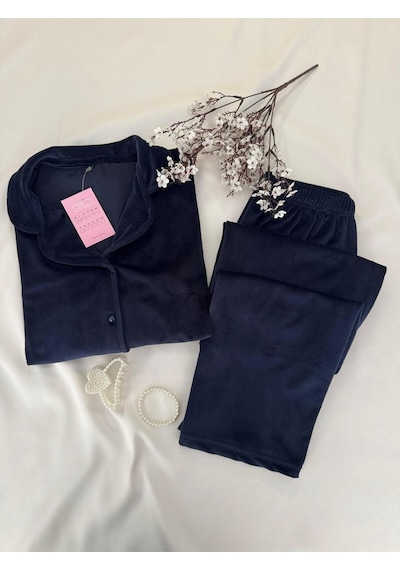 Mh Moony Homewears 2'li Lacivert Yumuşacık Kışlık Kadife Pijama Takımı Lacivert