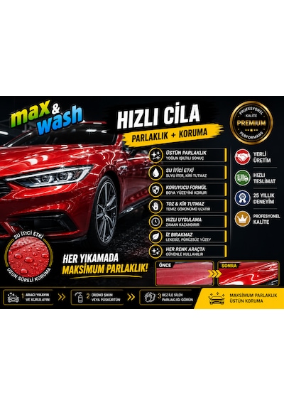 Max&wash Hafta Sonu Araç Bakım Seti 3'lü 1 Kg Cilalı Oto Şampuan + 1 Kg Hızlı Cila + 1 Kg Lastik Parlatıcı + 2 Adet Fısfıs Başlık Hediyeli