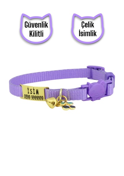 İsimli, Güvenlik Kilitli Kedi Tasması- , İsimlikli Tasma Lila Kms