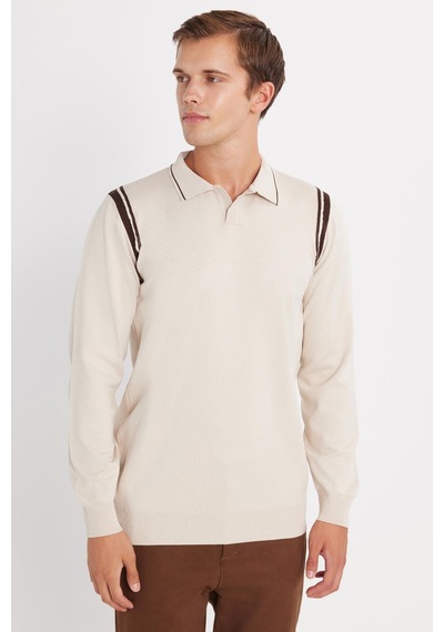 Tudors Erkek Slim Fit Dar Kesim Uzun Kol Polo Yaka Çizgili Taş Kazak-35808 Taş - Ekru Tudors Erkek Slim Fit Dar Kesim Uzun Kol Polo Yaka Çizgili Taş Kazak-35808 Taş - Ekru