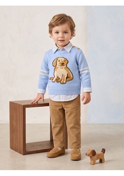 Zekids Erkek Bebek Mavi Köpek Desenli Triko Kazak Gömlek Ve Pantolon Takım-17438