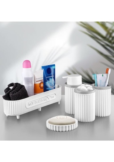 Flora 5 Parça Banyo Seti Çok Amaçlı Sepet, Sıvı Sabunluk, Katı Sabunluk, Diş Fırçalık, Pamukluk Beyaz