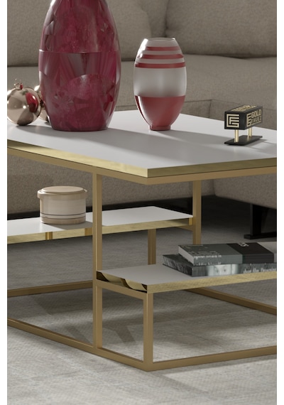 Reyo Falez Deluxe Raflı Orta Sehpa 60x90 Cm Modern Dikdörtgen Orta Sehpa Gold Beyaz Gold - Beyaz