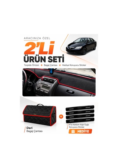 Honda Cıty 2002-2007 Uyumlu Torpido Örtüsü + Deri Bagaj Çantası + Sticker Seti - Siyah Kırmızı