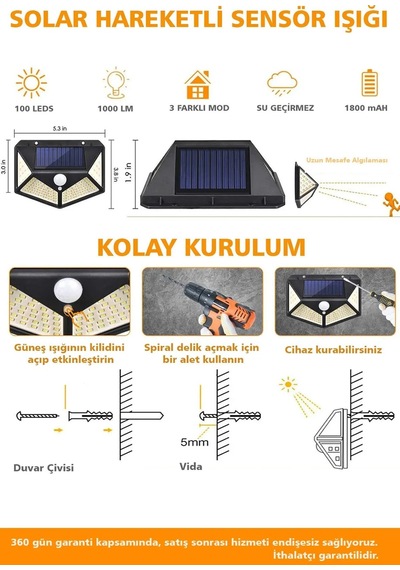 Jasper V-067 Güneş Enerjili Solar Aydınlatma Harekete Duyarlı Sensörlü Apartman İş Yeri Havuz Otopark Lamba