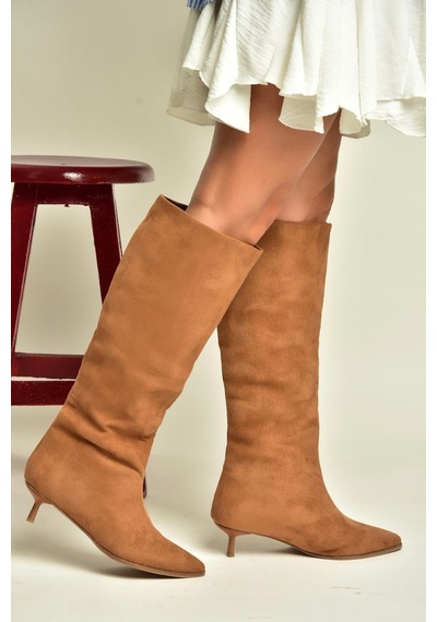 Fox Shoes Z726103402 Taba Süet Kısa İnce Topuklu Kadın Çizme