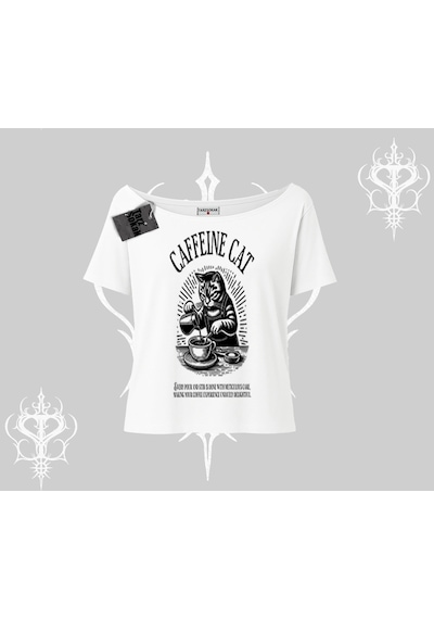 Tarzsokak Kayık Yaka Tshirt Caffeine Cat Kahve Temalı Kedi Baskılı Beyaz