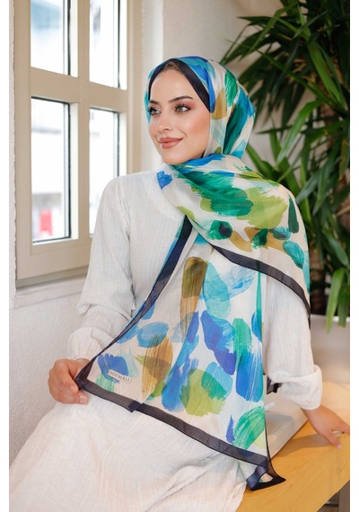 Mimiyum Nayf İpek Şal Pastel Desen Lacivert