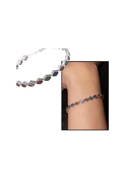Tesbihane-Altıgen Tasarım Multicolor Zirkon Taşlı Tam Tur 925 Ayar Gümüş Ka