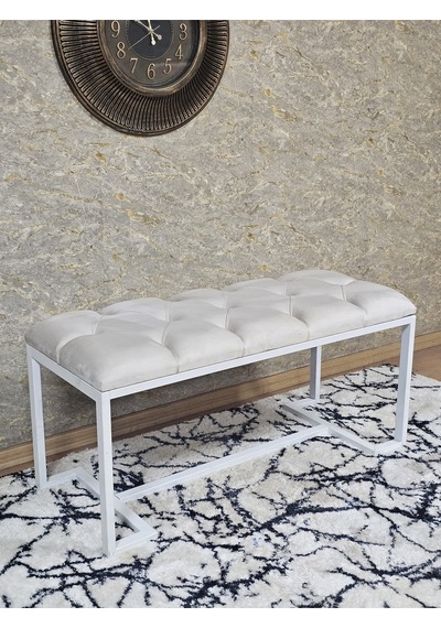 Zafir Beyaz Boyalı - L - Ayaklı 100 Cm X 38 Cm Oturak - Bench - Makyaj Taburesi - Makyaj Oturak Krem